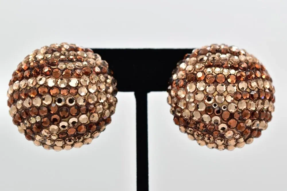 Bellini Formart Vintage Crystal Clip On Earrings Round Tiger Signed 1980s BinBK